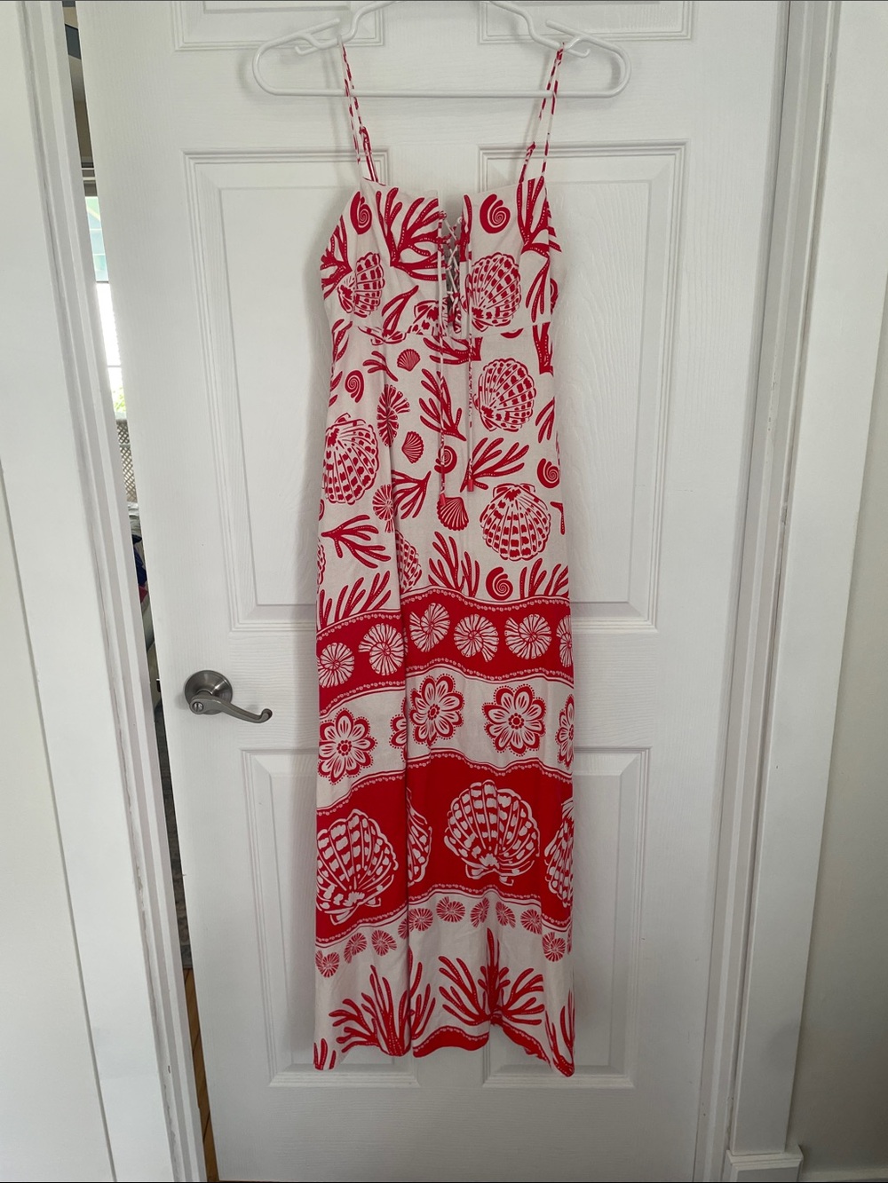 Red and White Shell-Print Maxi Dress - Sleeveless Spaghetti Strap - Picture 5 of 9